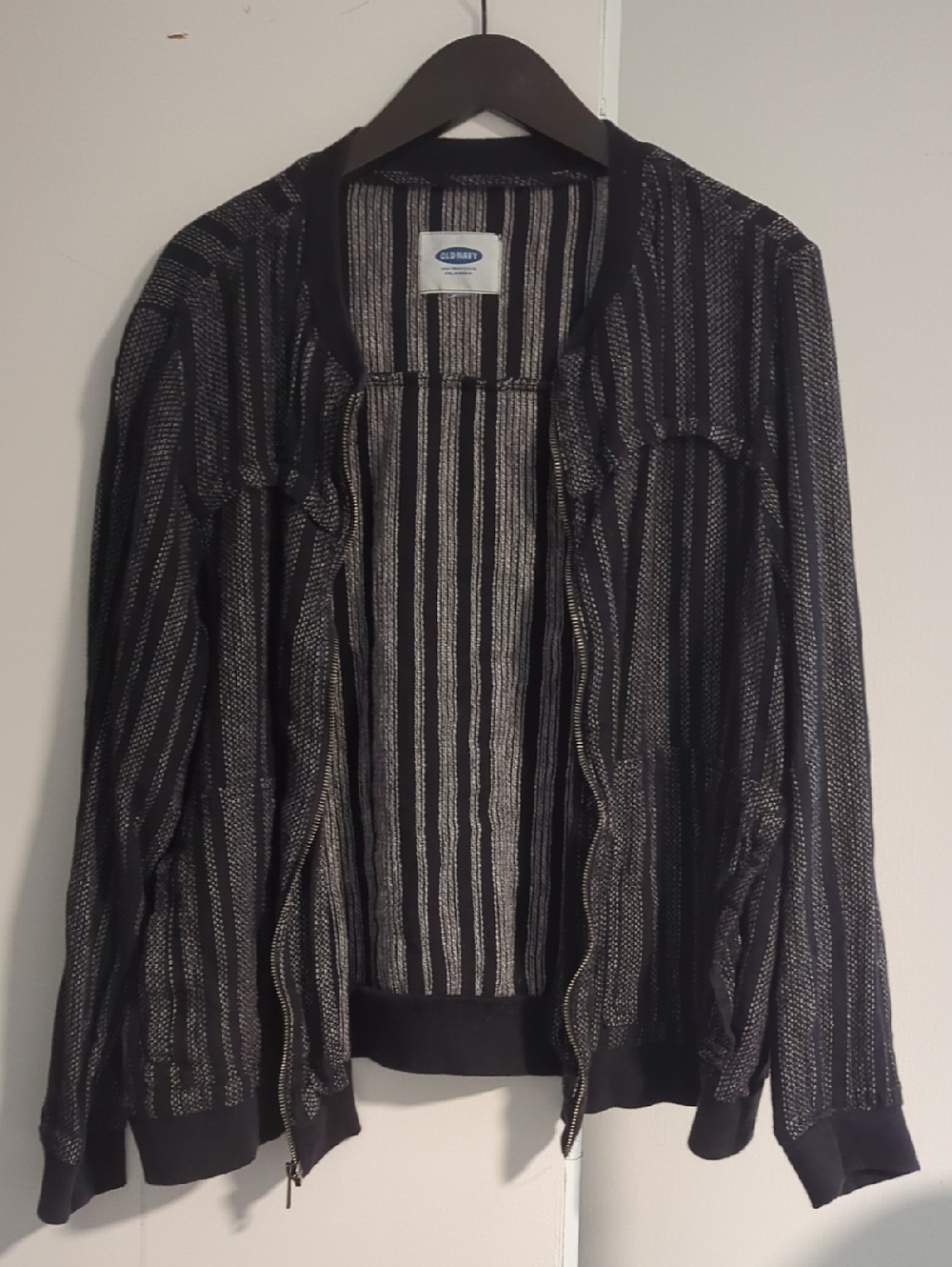 Old Navy Black and Silver Striped Open Bomber-Style Cardigan
